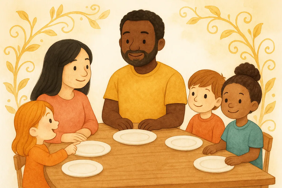 A family sharing gratitude around the dinner table — watercolor illustration from Thank You Gate